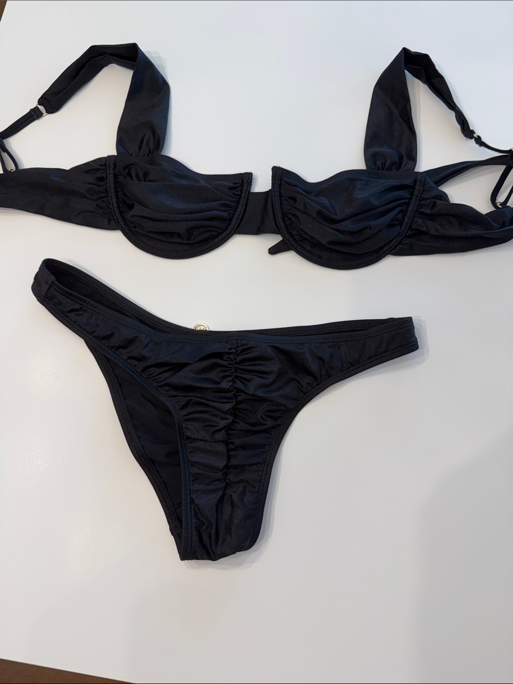 Ruched Black Underwire Bikini Set - Women's Swim